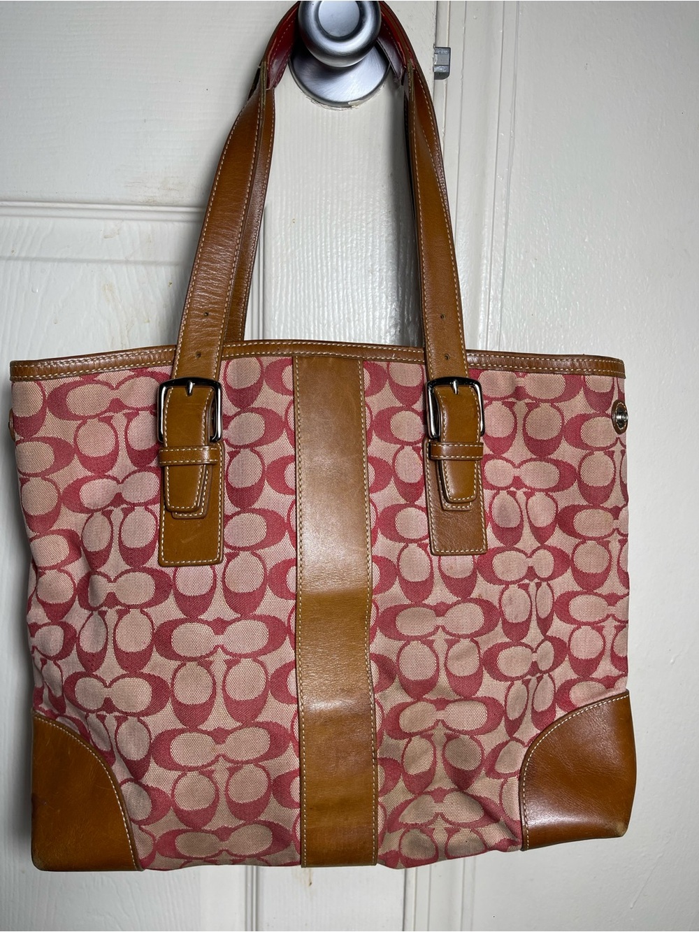 COACH  Vintage Shoulder Bag Signature Pink and Tan Tote